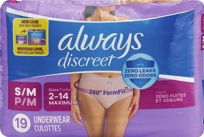 Always Discreet pads 26-66 ct., pads value pks. 45-108 ct., Boutique underwear 16-20 ct. or value pks. underwear 26-32 ct.$3.00 digital mfr coupon + Spend $30 get $10 Extrabucks Rewards