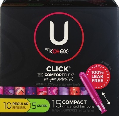 U by Kotex liners 40-50 ct., pads 13-18 ct. or tampons 15-16 ct.