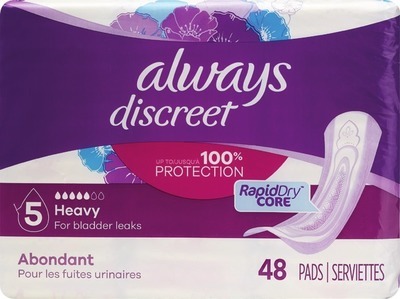 Always Discreet underwear 16-32 ct., pads 20-66 ct., pads value pks. 45-108 ct. or pants 9-19 ct.Spend $30 get $10 ExtraBucks Rewards® WITH CARD