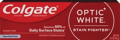 Colgate Optic White Stain Fighter 4.2 oz, Max 6-6.3 oz, Total 3.3 oz or 2in1 4.6 oz toothpaste.Buy 2 get $7 ExtraBucks Rewards® WITH CARD