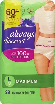 Always Discreet underwear 16-32 ct. or pads value pks. 45-108 ct.Digital mfr coupon PLUS Spend $40 get $10 ExtraBucks Rewards®♦ WITH CARD