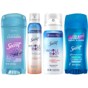 Buy 2 Secret Deodorants, Get 1 Secret Whole Body Trial Dry Spray FREE