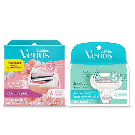 Save $5.00 on ONE Venus Razor pack with 3-6ct cartridge refill, OR ONE Venus 6-8ct cartridge refill pack: 3-bladed OR Pubic, OR ONE Venus 4ct cartridg