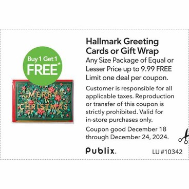 Hallmark Greeting Cards or Gift WrapBuy 1 Get 1 FREEFree item of equal or lesser price.
Any Size Package of Equal or Lesser Price up to 9.99 FREE