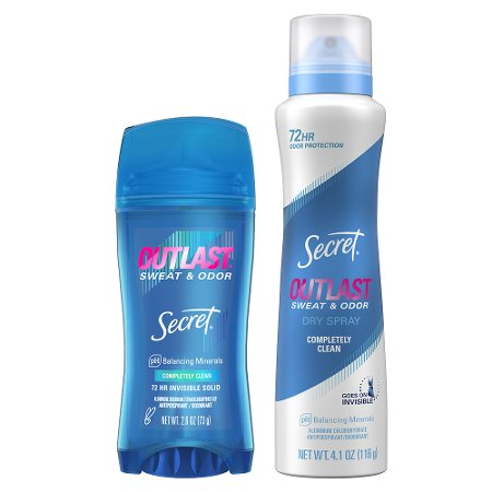 Save $4.00 on TWO Secret Fresh, Secret Outlast, Secret Aluminum Free OR Secret Dry Sprays (excludes Clinical and trial/travel size).