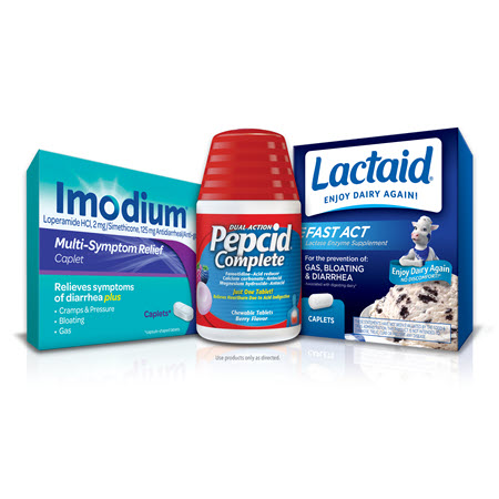 Save $3.00 on any ONE (1) PEPCID® (20ct or higher), IMODIUM® (excluding 6ct) or LACTAID® Supplement Product (excluding trial and travel).