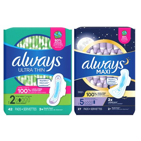 Save $3.00 on TWO Always Maxi and Ultra Thin Pads (14-or higher), Always Radiant, Infinity or Pure Cotton Pad (18-or higher), Always Liners (30 ct or