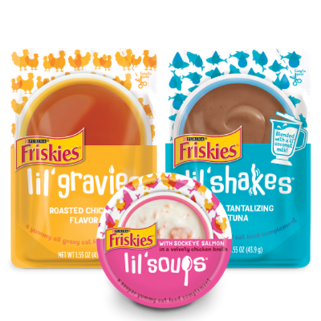 Save $1.00 on any THREE (3) Friskies® Lil Soups®, Lil Shakes®, Lil Slurprises®, Lil Gravies®, or Lil Grillers® Cat Complements