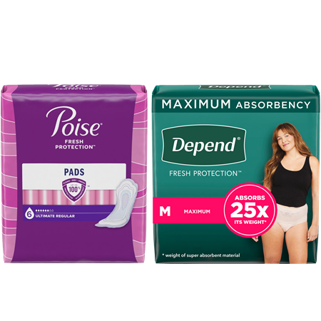 Save $2.00 on any ONE (1) Pack of Poise® Pads (12 Ct+) or Liners (44 - 132Ct) Product OR any Depend® Products (8 ct or larger).