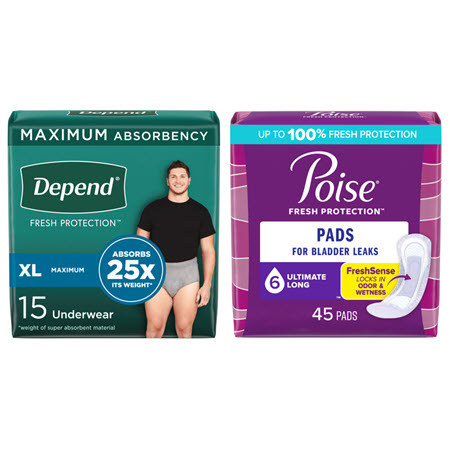 Save $5.00 on any TWO (2) Depend® Underwear 12-32-ct., or Poise® Pads 22-66 ct. (excludes 28/30 ct. Pads &  Poise Ultra-Thin Pads)