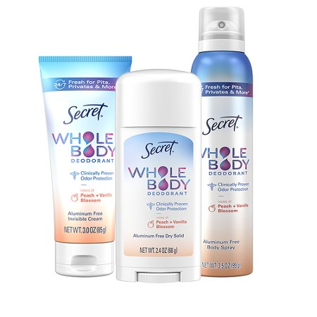 Save $4.00 on TWO Secret Whole Body Deodorants (excludes trial/travel size).