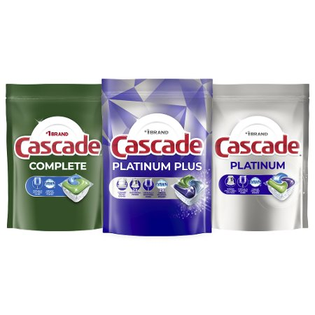 Save $1.00 on ONE Cascade Platinum Plus 9-17ct, Platinum 10-21ct, OR Complete 13-27ct Dishwashing Detergent (excludes Platinum Plus 22ct and travel/tr