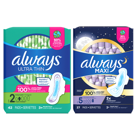 Save $3.00 on TWO Always Maxi and Ultra Thin Pads (14-or higher), Always Radiant, Infinity or Pure Cotton Pad (18-or higher), Always Liners (30 ct or