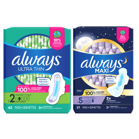 Save $3.00 on TWO Always Maxi and Ultra Thin Pads (14-or higher), Always Radiant, Infinity, Pocket, or Pure Cotton Pad (18-or higher), Always Liners (