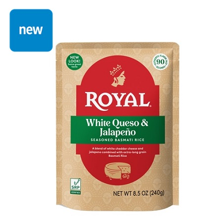 Save $0.40 on ONE (1) Royal® Ready to Heat White Queso & Jalapeno Seasoned Basmati Rice (8.5oz Pouch)