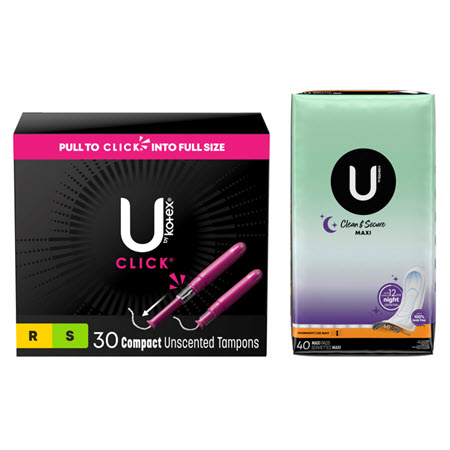 Save $1.00 on any ONE (1) U by Kotex® Balance Pads 22-36ct, Click Tampons 30-32ct, or Clean & Secure Ultra-thin Pads 40ct