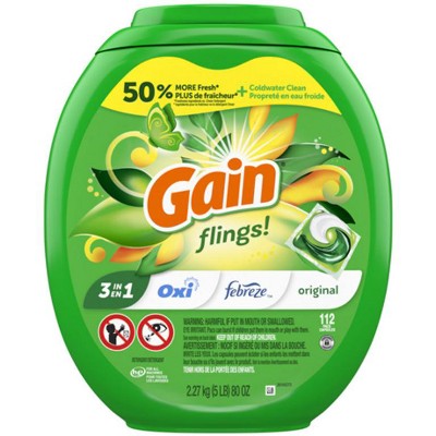 Save $1.00 ONE Gain Flings Laundry Detergent 76-112 ct (excludes Gain Fabric Softener, Gain Liquid/Powder Laundry Detergent, Gain Sheets and trial/travel size)