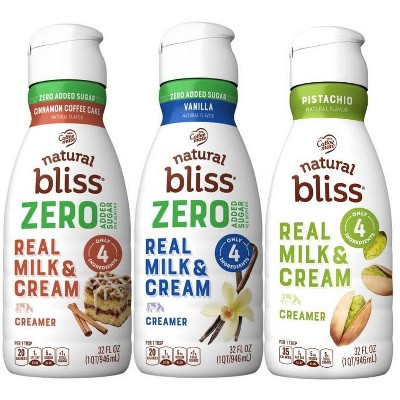 Save $1.50 On any ONE (1) Natural Bliss® Dairy Zero Sugar Vanilla Creamer, Dairy Zero Sugar Cinnamon Coffee Cake Creamer, OR Dairy Pistachio Creamer 32oz