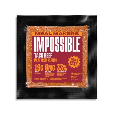 $4.99 price on 8-oz. Impossible taco & indian-style beef meat from plants meal makers