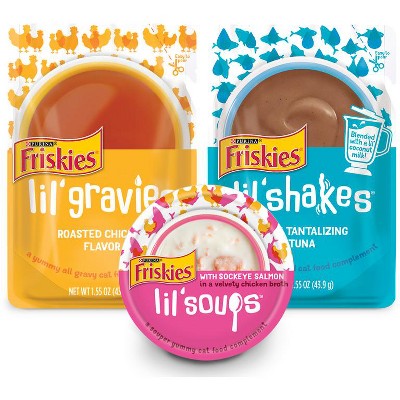 SAVE $0.35 on ONE (1) 1.2 oz - 1.55 oz packages of Friskies® Lil' Shakes®, Lil' Slurprises®, Lil' Grillers, Lil' Gravies®, or Lil' Soups® Cat Complements