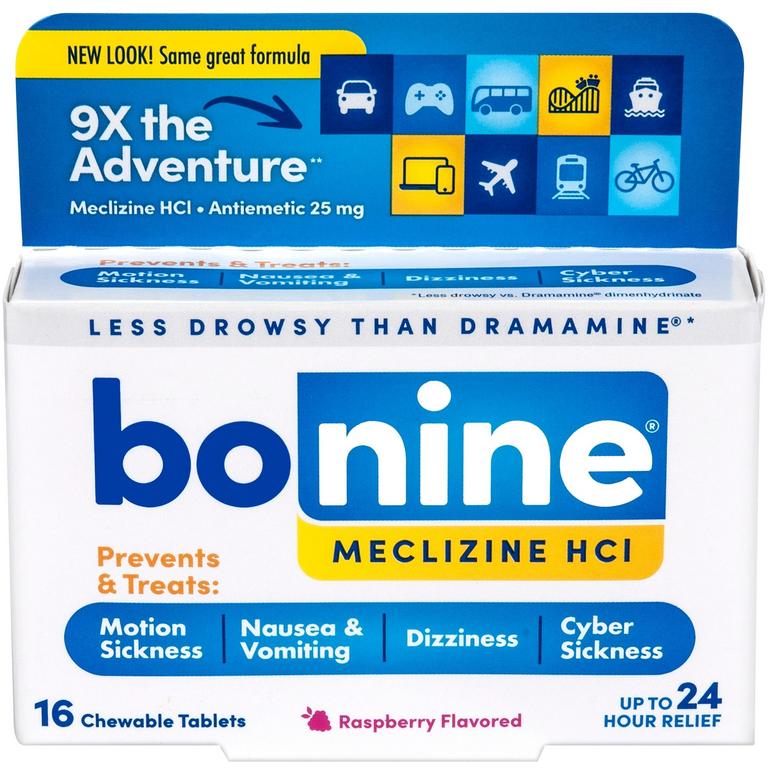 SAVE $2.50 ONE (1) BONINE 16ct Chewable Tablets for Moton Sickness, Nausea, Cyber Sickness, and more.