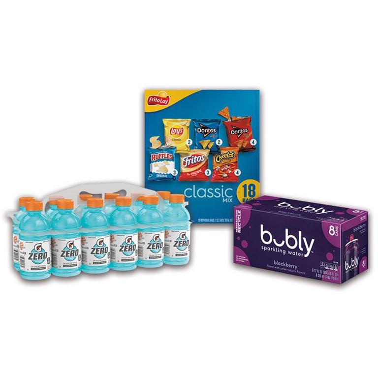Save $3.00 when you buy any three (3) bubly® 8pk, Gatorade® multi-pack, and/or Frito-Lay® Variety Packs 15ct or greater (EXCLUDES single serve products and dips)