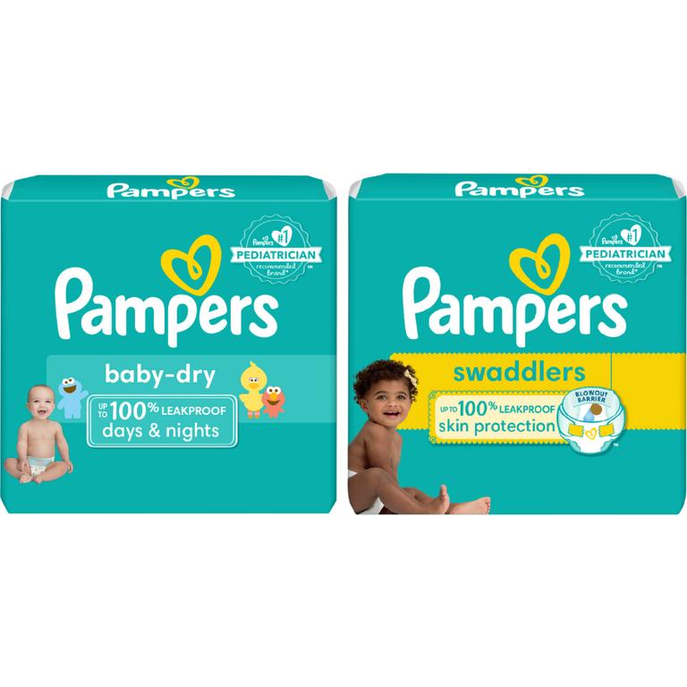 Save $3.00 TWO Jumbo BAGS Pampers Swaddlers, Pure OR Baby Dry Diapers.