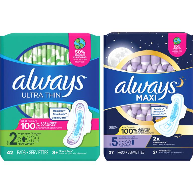 Save $3.00 TWO Always Maxi and Ultra Thin Pads (14-or higher), Always Radiant, Infinity or Pure Cotton Pad (18-or higher), Always Liners (30 ct or higher), Always ZZZ (7ct) (excludes trial/travel size, Always Infinity 18 ct, and Always Discreet).