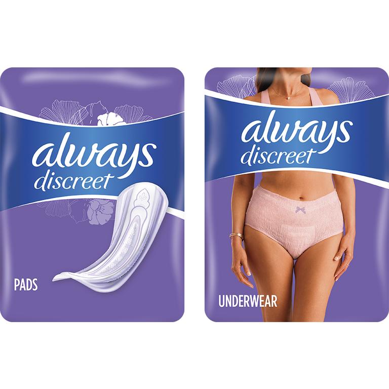 Save $4.00 ONE Always Discreet 42ct, 45ct, 60ct, 64ct, 108ct Pads OR 22-42ct Underwear (excludes all other Always Discreet counts and other Always products).