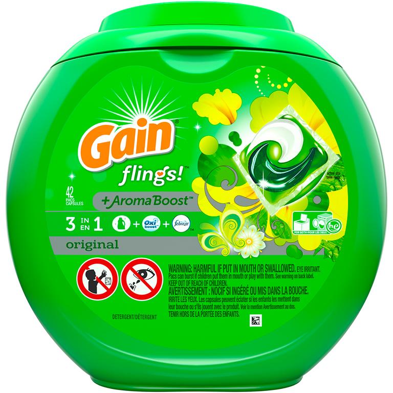 Save $3.00 ONE Gain Flings Laundry Detergent 60 ct OR Gain Super Flings Laundry Detergent 32 ct (excludes Gain Fabric Softener, Gain Liquid/Powder Laundry Detergent, Gain Essential Oils, Gain Ultra Flings, Gain Sheets and trial/travel size).