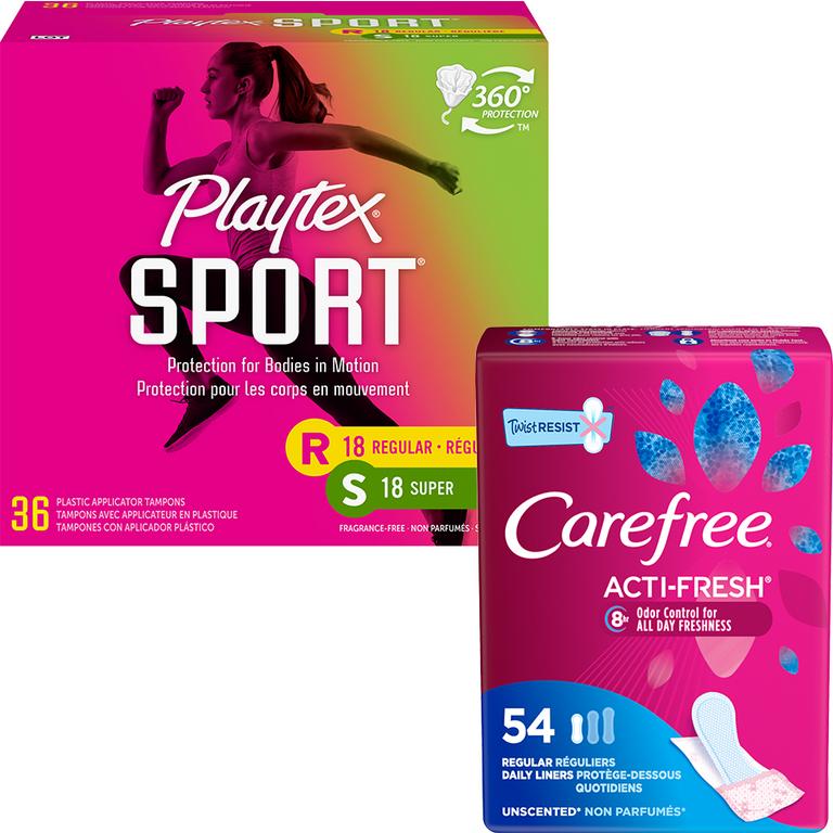 Save $2.00 off any TWO (2) Playtex® Sport or Clean Comfort™ Tampons or Carefree® Product 28 ct. or larger