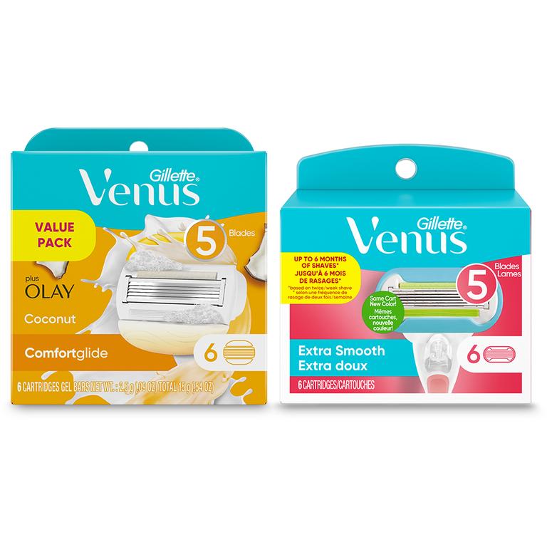 Save $7.00 ONE Venus 6ct cartridge refill: 5-bladed (excludes disposables, Gillette products, Venus Extra Smooth Miami Midnight 3ct + Venus Invigorating Shave Gel and Venus Deluxe Smooth Sensitive Rifle 3ct + Rifle Shower Hook).