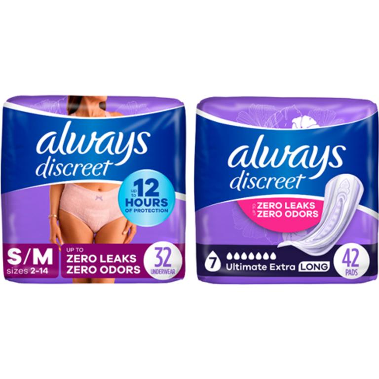 Save $8.00 ONE Always Discreet Underwear 22-32 ct, Always Discreet Boutique Underwear 16-20 ct, Always Discreet Sensitive Underwear 24-28 ct, Always Discreet Pads 42 ct, 45 ct or 64 ct OR Always Discreet Liners 111 ct (excludes all other Always Discreet Products, other Always Products and trial/travel size)