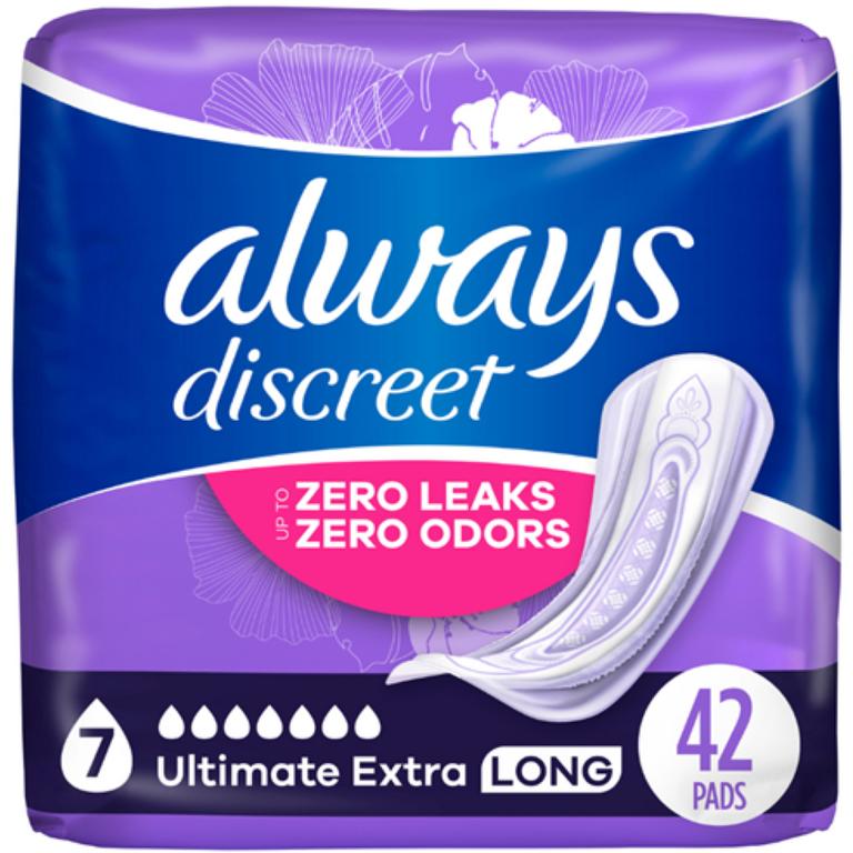 Save $4.00 ONE Always Discreet Pads 42 ct, 45 ct, 64 ct or 108 ct (excludes all other Always Discreet Products/Counts, other Always Products and trial/travel size)