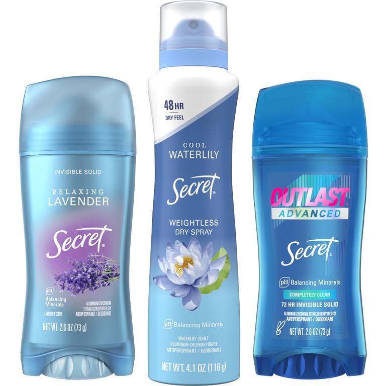 $5 off 3 THREE Secret Fresh, Secret Outlast, Secret Aluminum Free, or Secret Dry Sprays (excludes trial/travel size).