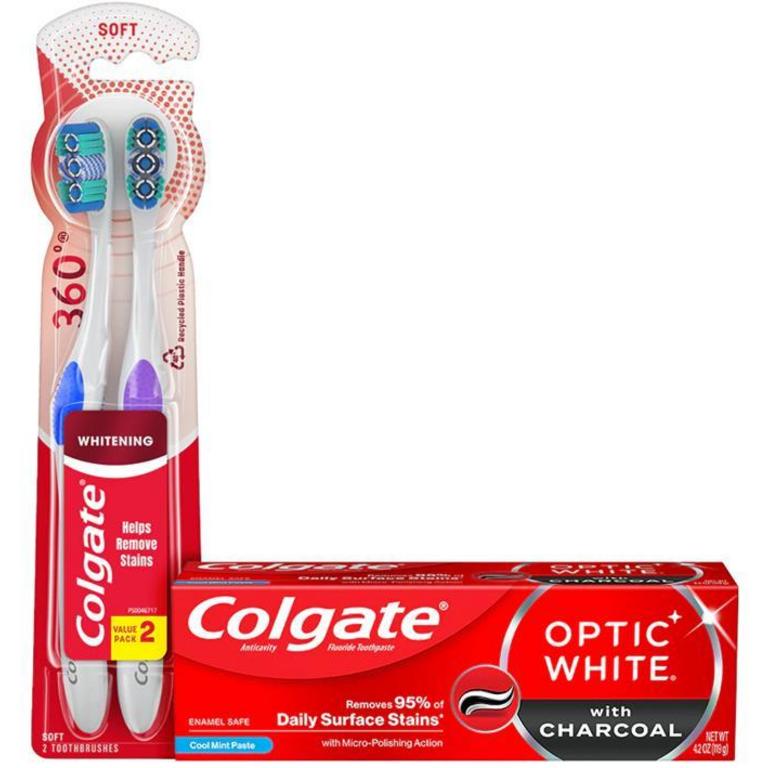 $4 off 2 On any TWO (2) Colgate® Optic White® Advanced (3.2 oz), Optic White® Charcoal (4.2 oz), Optic White® Purple (4.2oz) or Colgate® Total® Plaque Pro Release Toothpastes, Colgate® 360°® Manual Toothbrushes (2pk), or Optic White® Battery Powered Toothbrushes