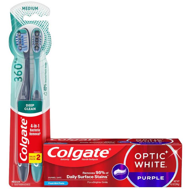 $4 off 2 On any TWO (2) Colgate® Optic White® Advanced (3.2 oz), Optic White® Charcoal (4.2 oz), Optic White® Purple (4.2oz), Colgate® Total® Plaque Pro Release Toothpastes, Colgate® 360°® Manual Toothbrushes (2pk), or 360˚® Optic White® Battery Powered Toothbrushes